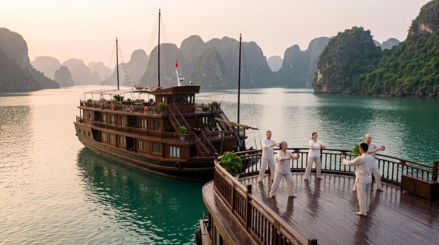 A group practices tai chi on a wooden deck overlooking calm water, with a traditional boat nearby and green limestone islands in the background.