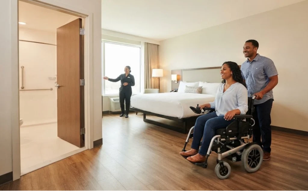 A woman in a wheelchair is being pushed by a man into an accessible hotel room, while a hotel staff member gestures toward an open, accessible bathroom door.