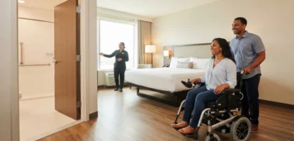 A woman in a wheelchair is being pushed by a man into an accessible hotel room, while a hotel staff member gestures toward an open, accessible bathroom door.