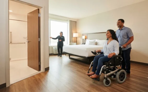 A woman in a wheelchair is being pushed by a man into an accessible hotel room, while a hotel staff member gestures toward an open, accessible bathroom door.