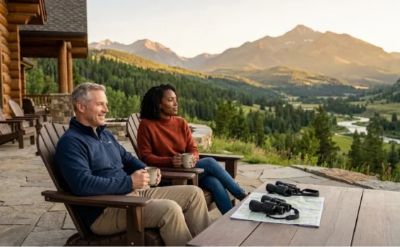 Two people sit outdoors in wooden chairs, drinking from mugs and enjoying a scenic mountain view at sunset. A map and binoculars rest on the table in front of them.