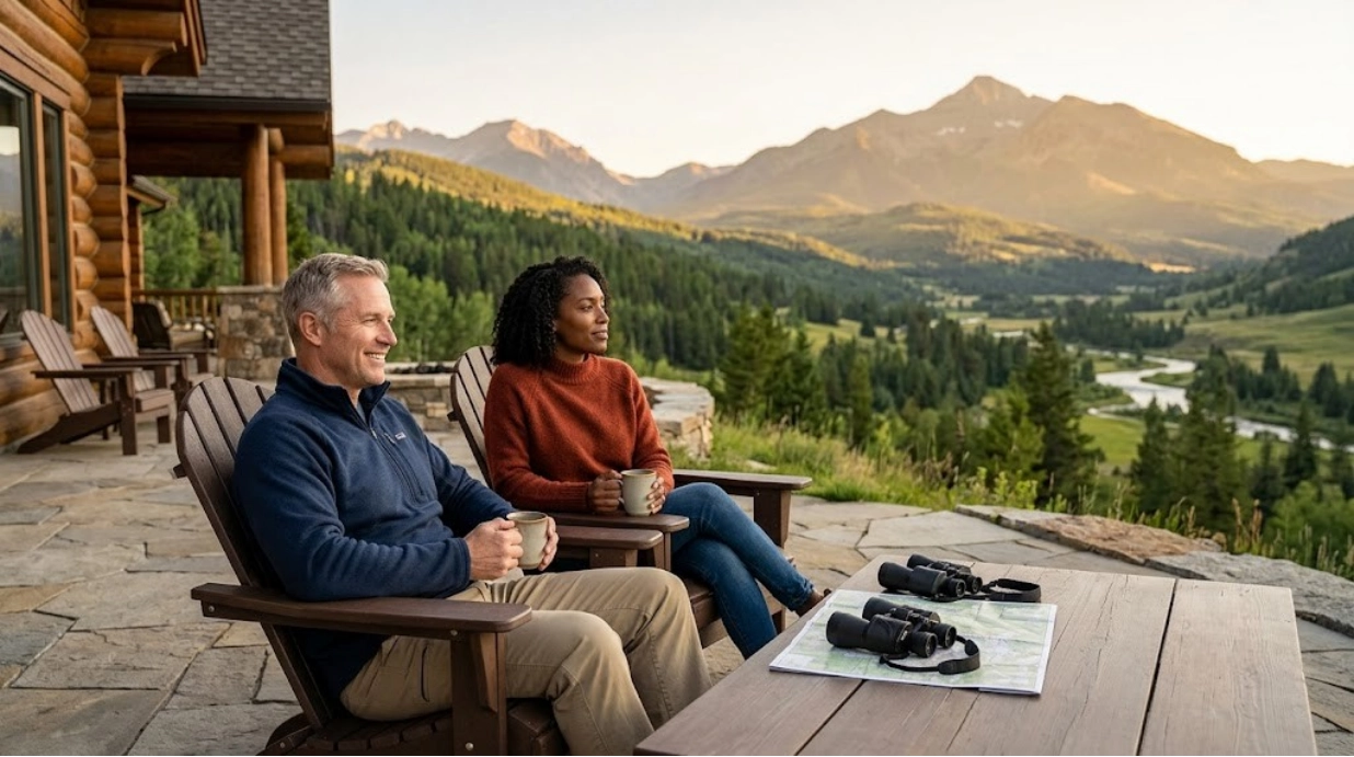 Two people sit outdoors in wooden chairs, drinking from mugs and enjoying a scenic mountain view at sunset. A map and binoculars rest on the table in front of them.