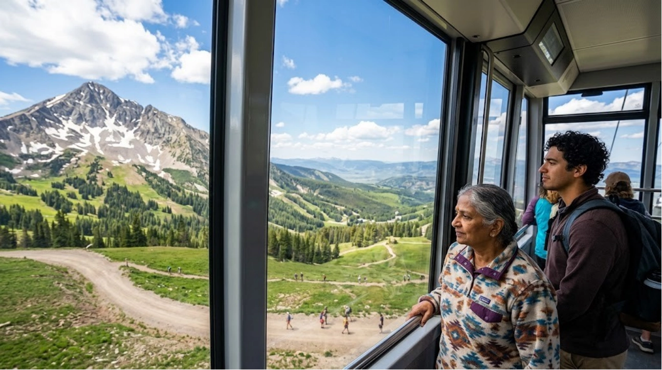 Two people ride a gondola, looking out large windows at a scenic mountain landscape with green hills, a dirt path, and patches of snow under a blue sky with clouds.