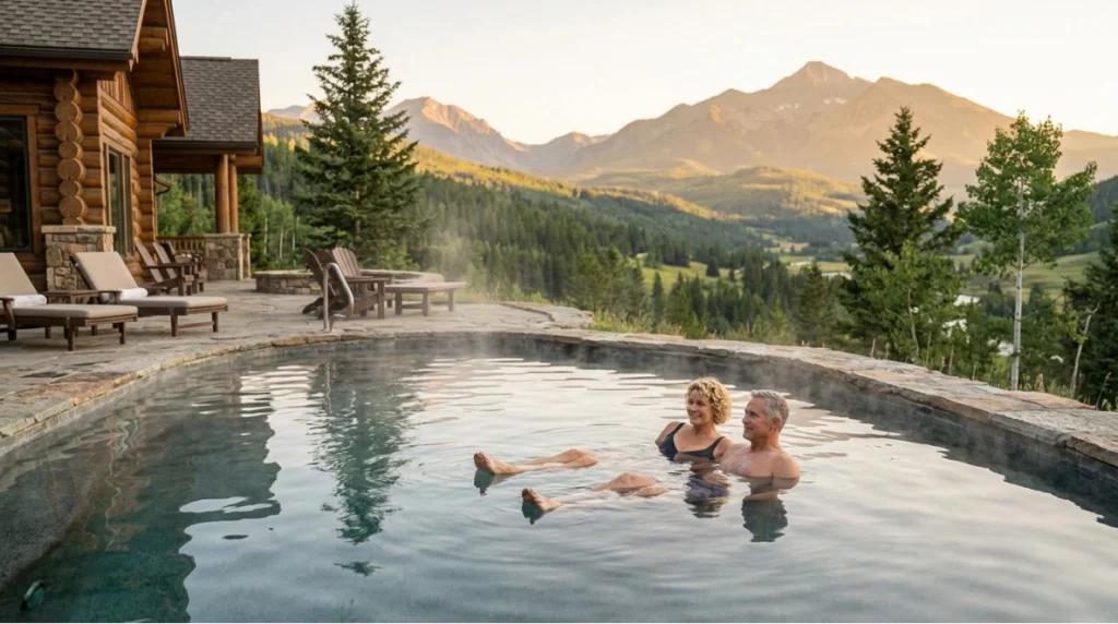 An older couple relaxes in a steaming outdoor pool beside a log cabin, surrounded by pine trees and mountain scenery at sunset.