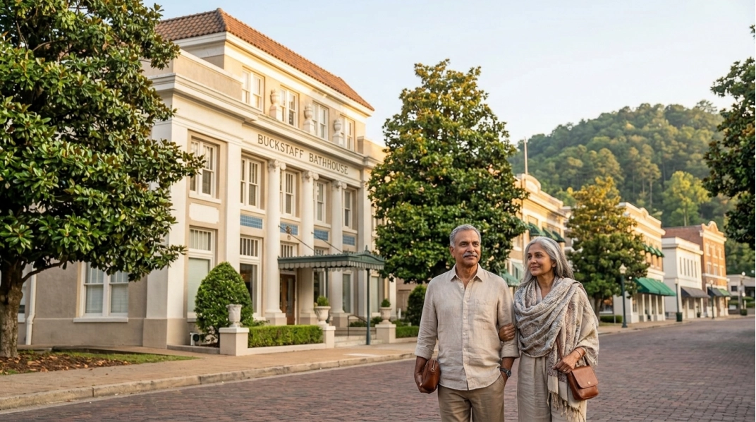 An older couple walks arm-in-arm down a quiet, tree-lined street in front of a historic building labeled Buckstaff Bathhouse on a sunny day.