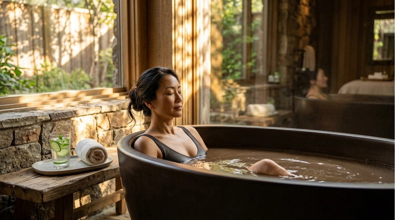 A woman relaxes in a large round bathtub near a window in a peaceful, sunlit room, with a drink and towel on a wooden stool beside her.