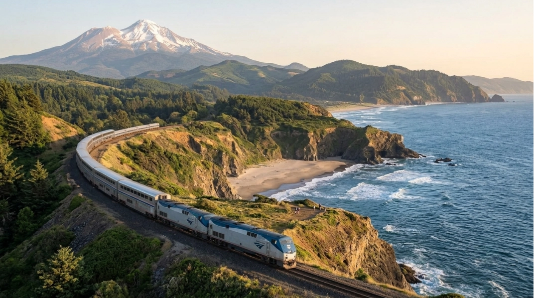 A passenger train winds along a coastal cliff, with a sandy beach below and forested hills in the background. Snow-capped mountains rise in the distance under a clear sky.