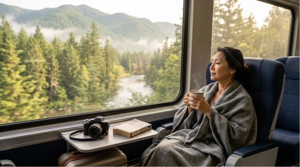 A woman wrapped in a blanket sits on a train, holding a cup and looking out the window at a forested landscape. A camera and book rest on the table beside her.