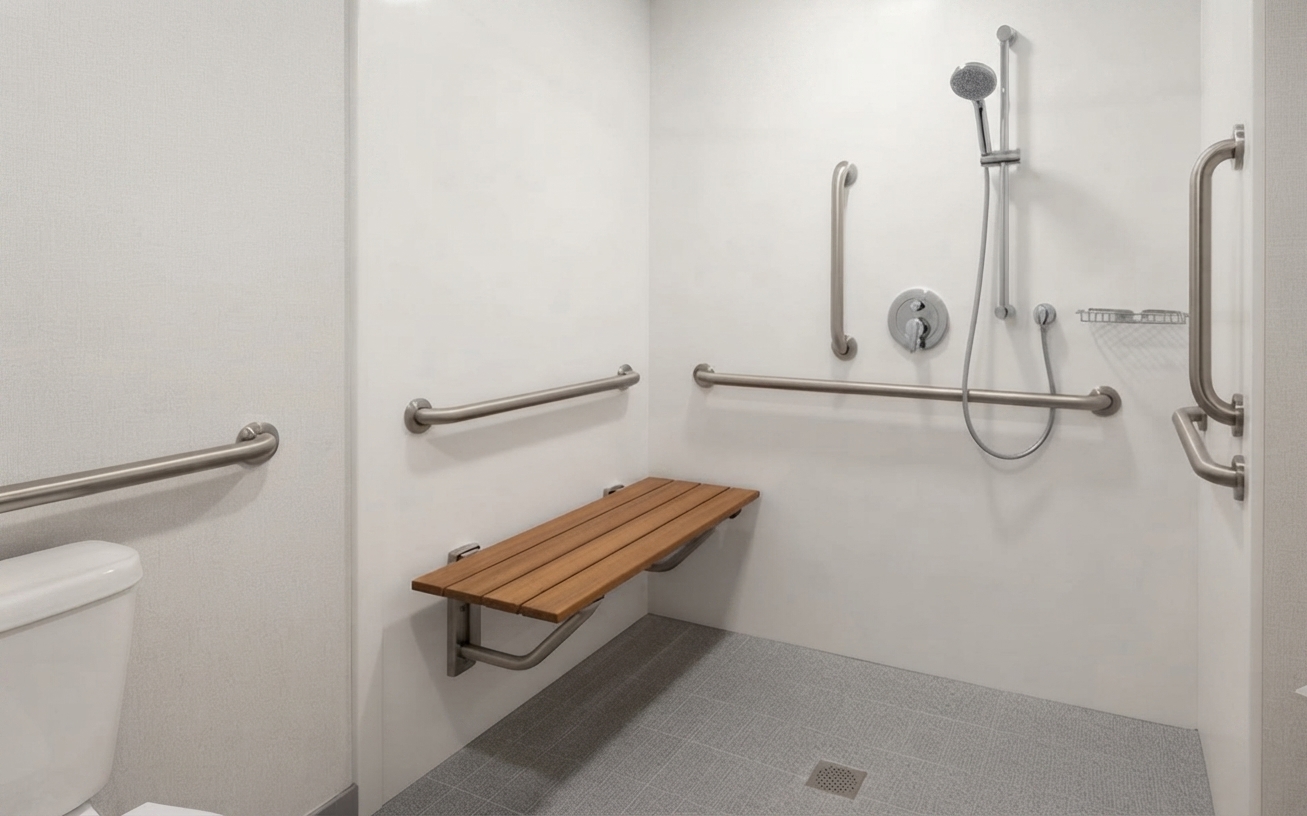Accessible shower with grab bars, a wooden fold-down bench, handheld showerhead, and a toilet partially visible on the left. The space has gray floor tiles and white walls.