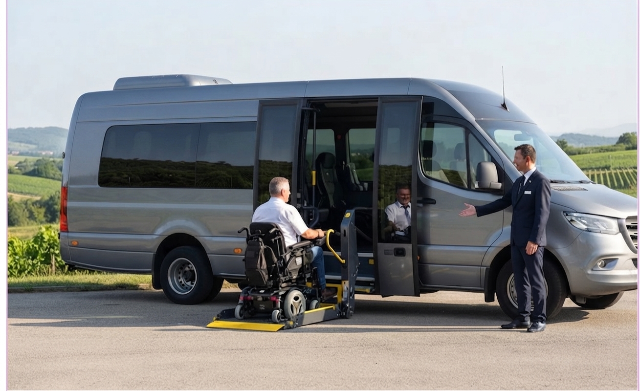 A man in a wheelchair uses a lift to board a silver van, while another man in a suit stands nearby, gesturing toward the open door.