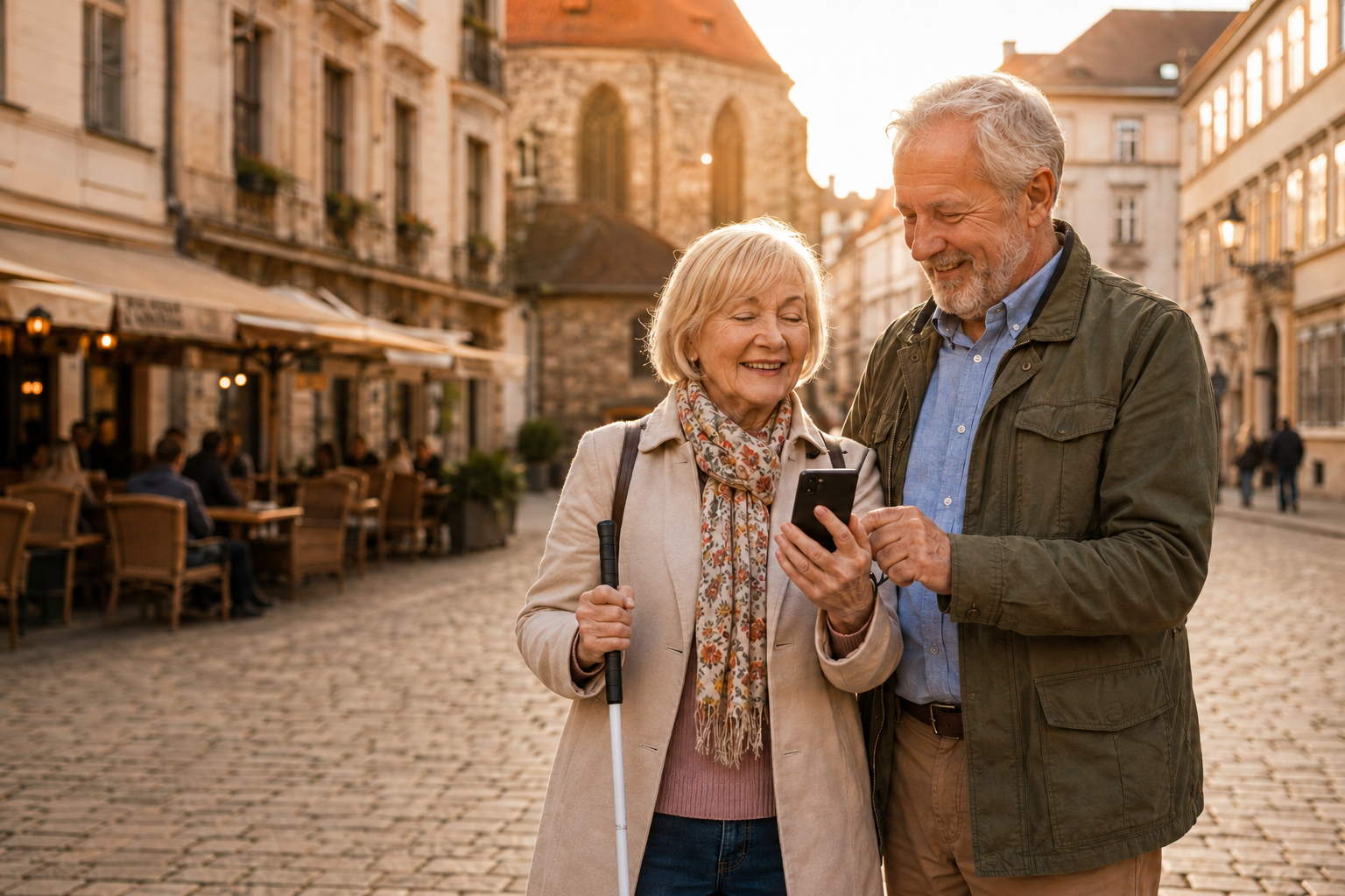 Smiling older couple stands on a cobblestone street; the woman holds a white cane and the man shows her something on a smartphone. Outdoor café and historic buildings are visible in the background on a sunny day.