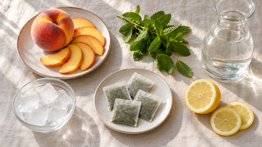 A plate of peach slices, a bowl of ice cubes, two tea bags ready for brewing unsweetened iced tea, fresh mint, lemon halves, and a glass carafe of water are arranged on a beige cloth.