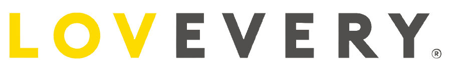 The word LOVEVERY in uppercase letters, with LOV in yellow and EVERY in dark gray, on a light gray background.