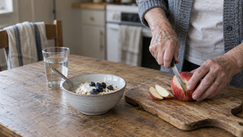 An older person slices an apple on a wooden cutting board next to a bowl of oatmeal with blueberries and a glass of water on a rustic kitchen table, highlighting the importance of gut health as you age.