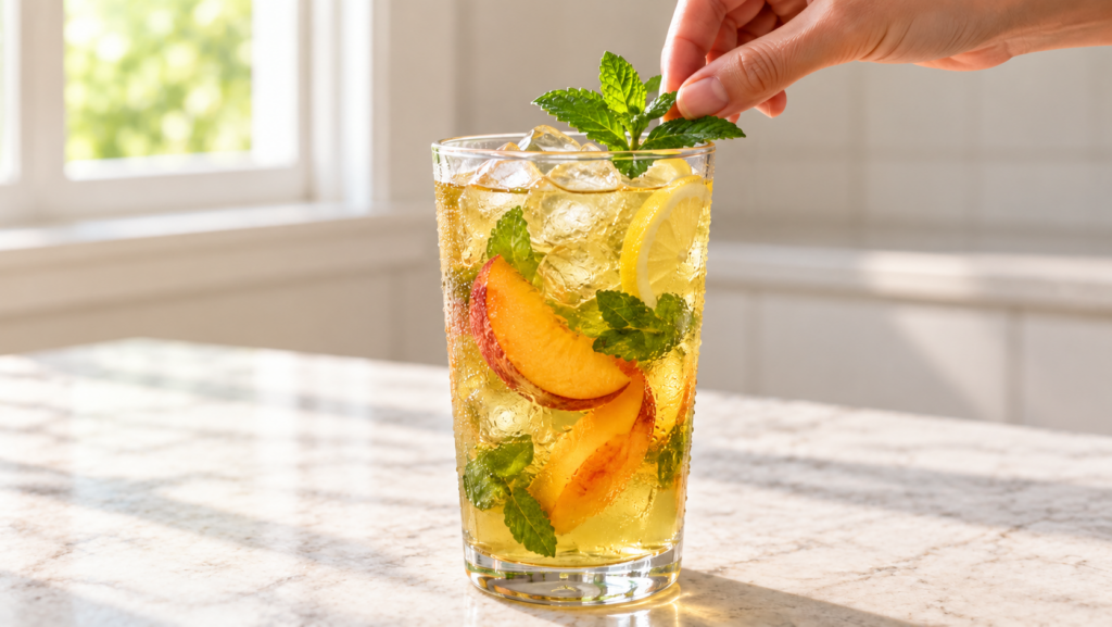 A hand places mint leaves in a glass of iced tea with lemon slices, peach slices, and ice, on a marble countertop with sunlight coming through a nearby window.