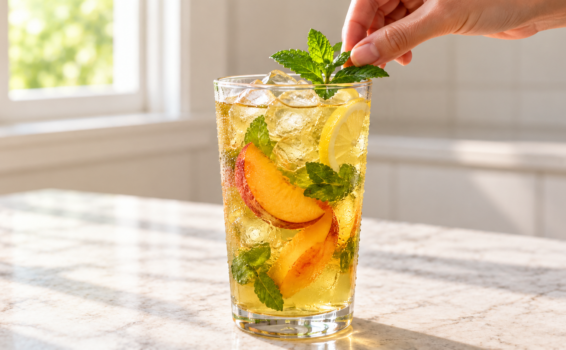 A hand places mint leaves in a glass of iced tea with lemon slices, peach slices, and ice, on a marble countertop with sunlight coming through a nearby window.