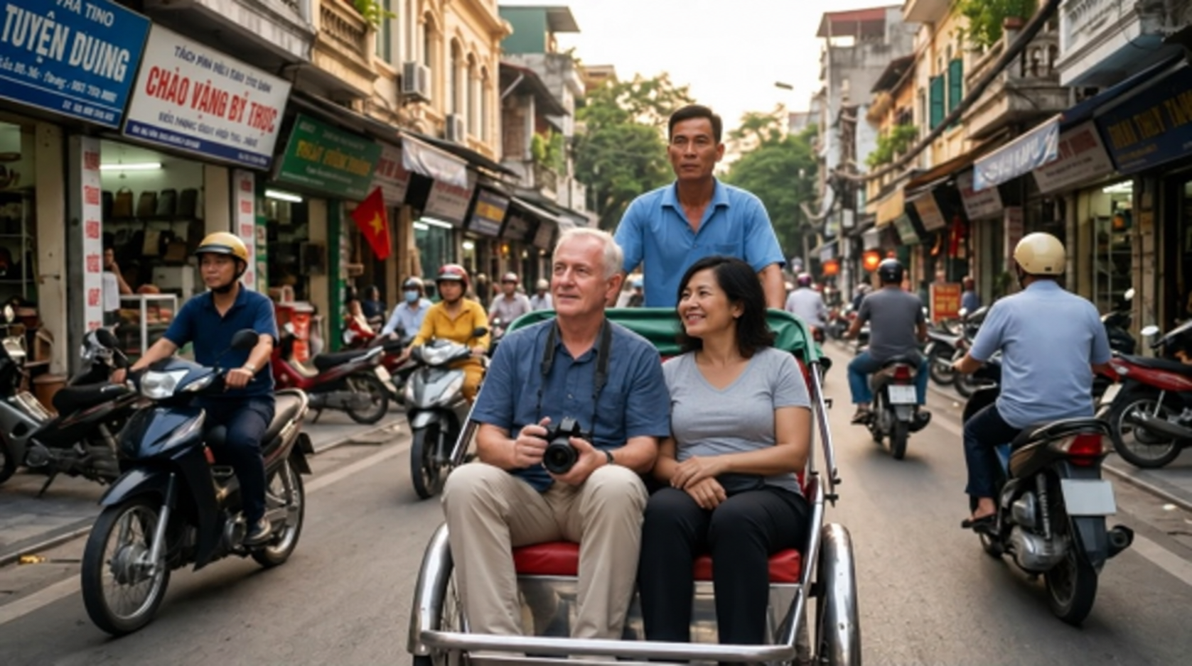 A couple rides in a pedicab through a busy street lined with shops, surrounded by people on scooters and motorbikes in an urban setting.