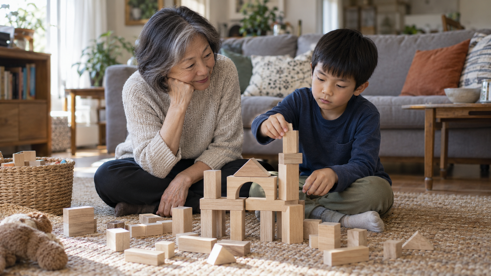 An older woman and a young boy sit on a rug, building a structure with wooden blocks in a cozy living room, encouraging creativity in grandchildren through play-based learning at home.