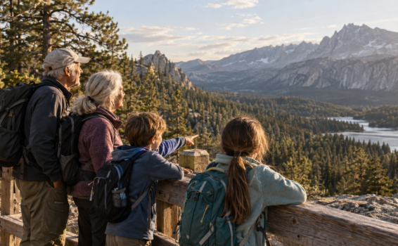 A family with two children standing at a wooden railing, wearing backpacks and looking out at a scenic mountain landscape, a forest, and a lake at sunset. The young boy is pointing toward the horizon.
