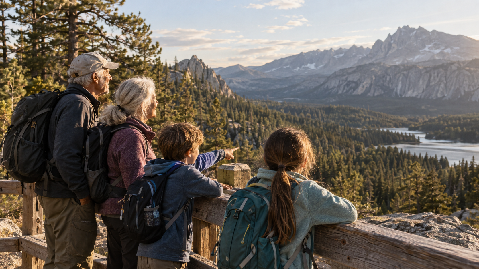 A family with two children standing at a wooden railing, wearing backpacks and looking out at a scenic mountain landscape, a forest, and a lake at sunset. The young boy is pointing toward the horizon.