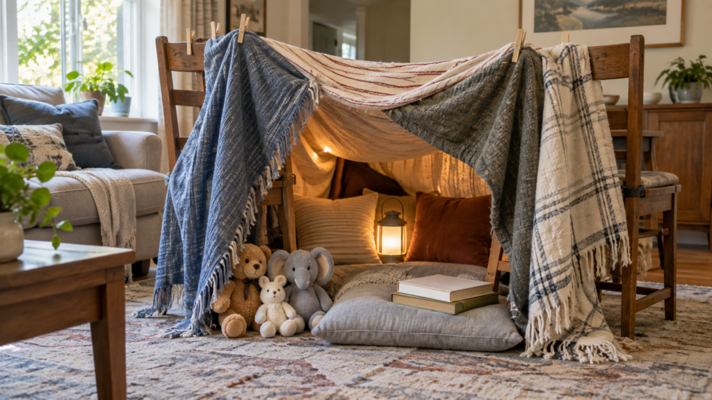A cozy blanket fort in a living room, built over chairs, with plush pillows, stuffed animals, a lantern, and books inside. Warm sunlight streams through a nearby window.