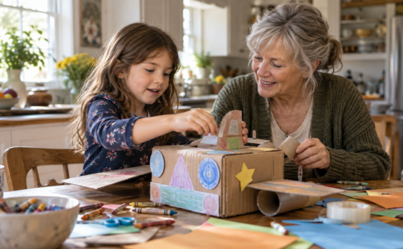 A smiling older woman and young girl sit at a kitchen table, crafting a colorful cardboard project together, surrounded by crayons, paper, and art supplies.