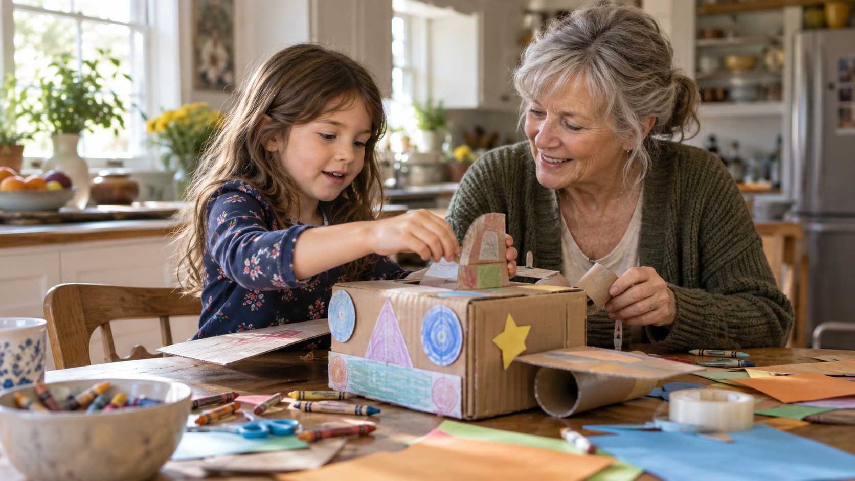 A smiling older woman and young girl sit at a kitchen table, crafting a colorful cardboard project together, surrounded by crayons, paper, and art supplies.