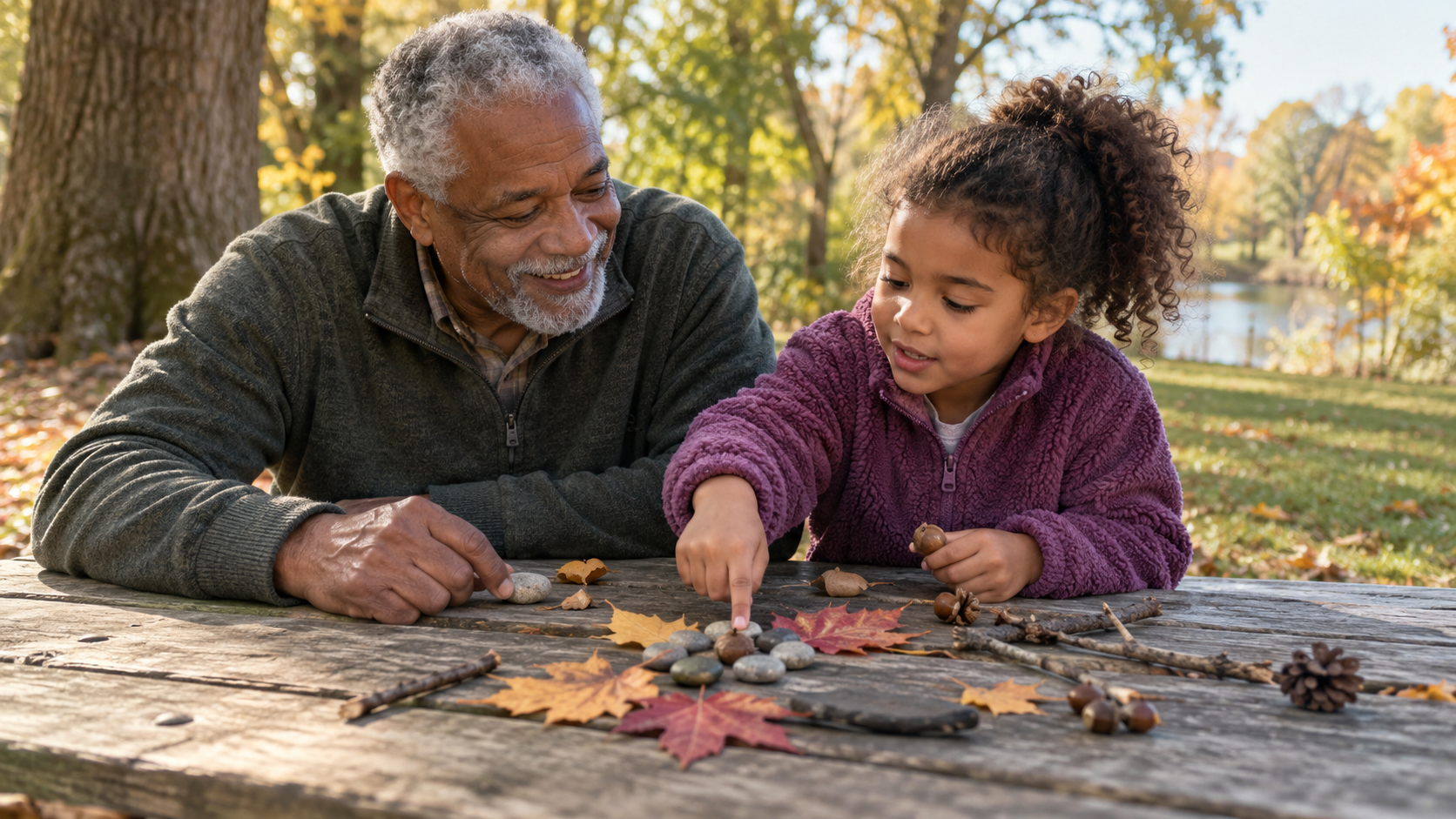 An older man and a young girl sit at a wooden table outdoors, smiling as they arrange leaves, sticks, and rocks. Trees with autumn leaves and a pond are visible in the background. This playful moment is a wonderful example of play-based learning at home, offering the perfect opportunity to encourage creativity in grandchildren.