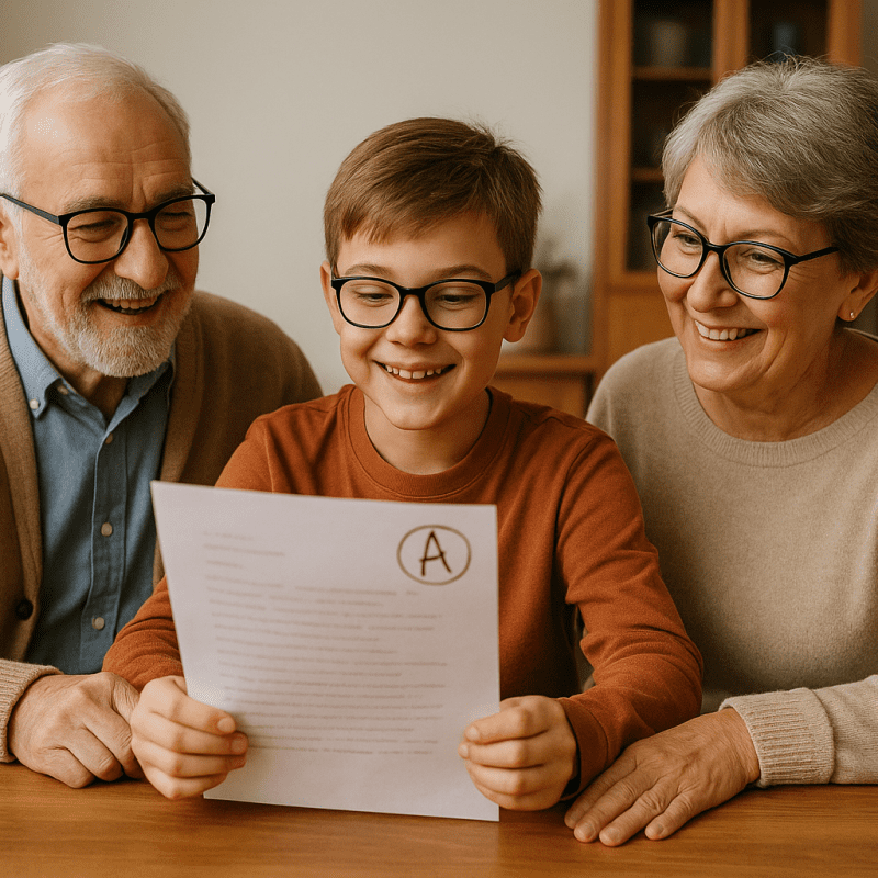 20250609_1648_Proud Moment_simple_compose_01jxb73q9yejqa3e4x1rcrb1rr Grandparents proud of grandkid with an A grade