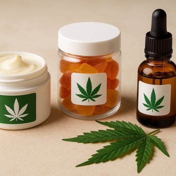 CBD product lineup with leaf Assorted CBD products including a topical cream, gummy supplements, and an oil tincture dropper with cannabis leaf labels