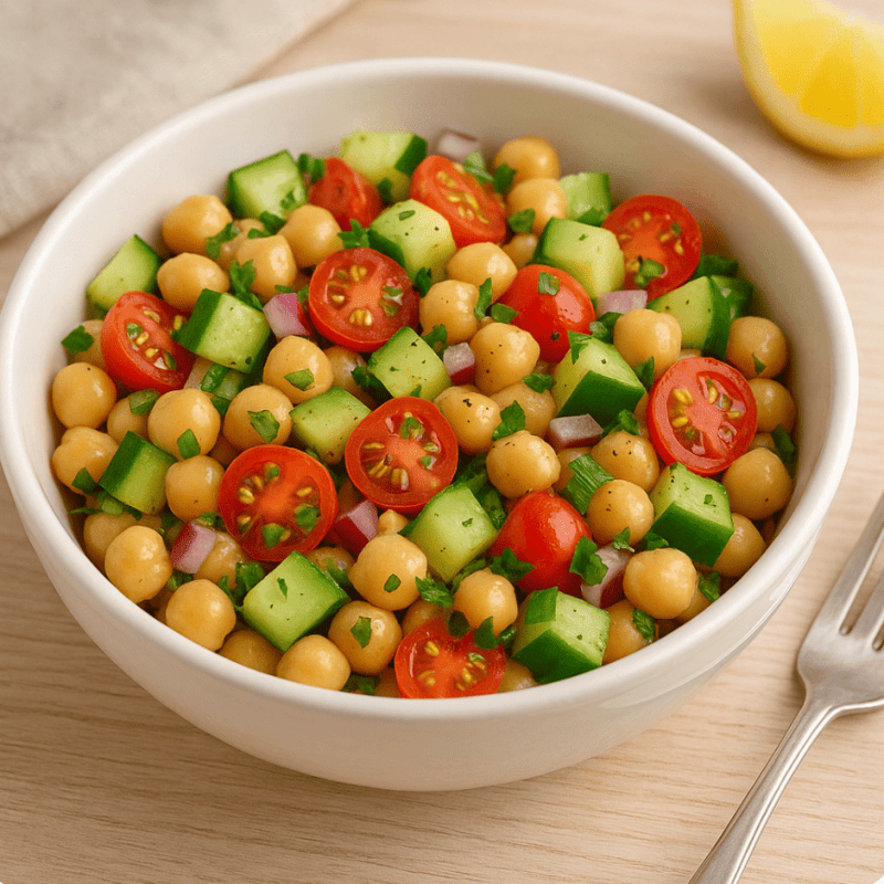Simple Chickpea Salad Bowl of chickpea salad with cherry tomatoes, cucumber, red onion, and parsley on a wooden table.