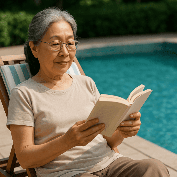 Woman reading by the pool Woman reading by the pool