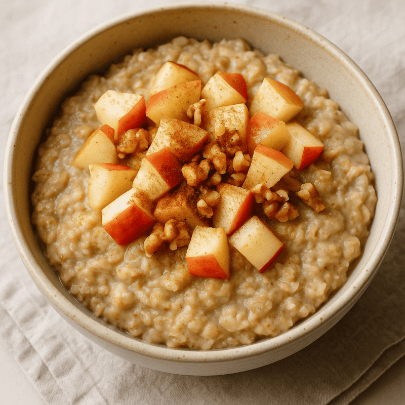 Warm Apple-Cinnamon Oatmeal Creamy oatmeal topped with chopped red apples, walnuts, and cinnamon in a ceramic bowl.
