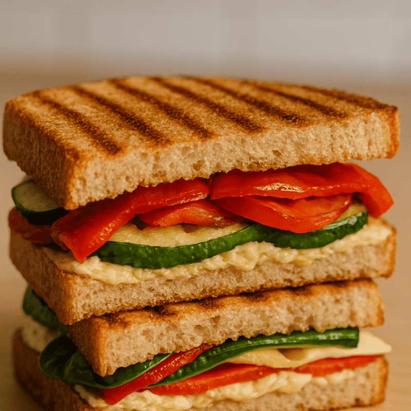 Vegetarian Panini Vegetarian panini with roasted red peppers, cucumber slices, and hummus between grilled whole grain bread slices.