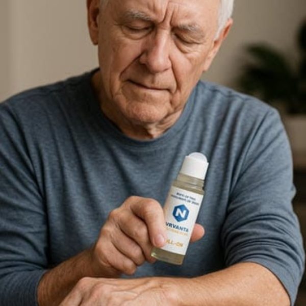 Senior man applying CBD roll-on Elderly man using CBD roll-on cream for joint or muscle pain relief on his arm at home