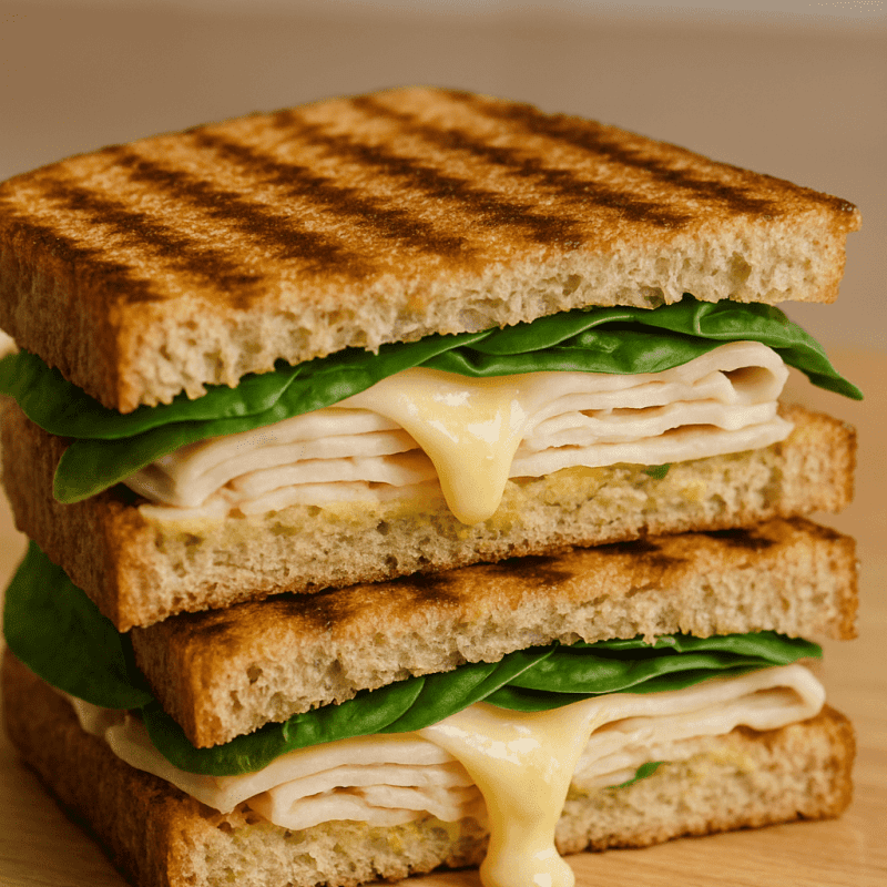 Turkey and Cheese Panini Close-up of a grilled turkey and cheese panini in a panini press, with melted cheese oozing out between slices of golden toasted bread.