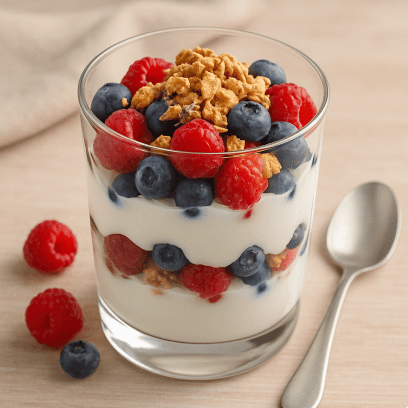Berry Yogurt Parfait Layered yogurt parfait in a glass with blueberries, raspberries, and granola, beside a spoon.