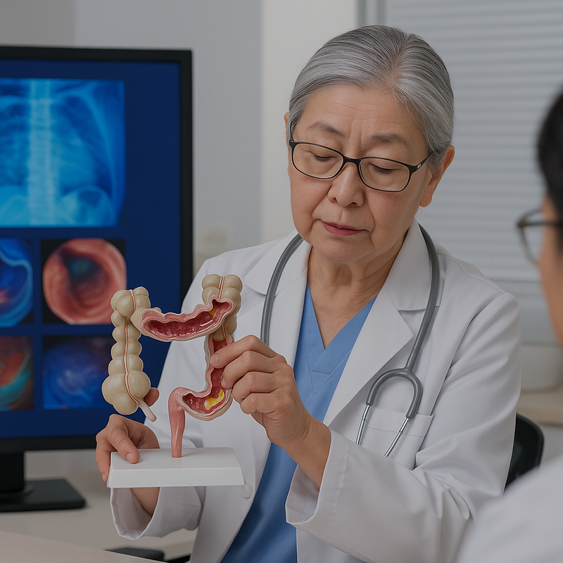 Doctor Demonstrating A medical professional is explaining the colon structure using a 3D anatomical model. In the background are screen images that likely represent real or simulated colonoscopy visuals.