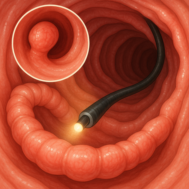 Endoscopic View This is a close-up, internal view showing the colonoscope navigating through the colon. The circular inset highlights a polyp, which is a common finding and can be precancerous.