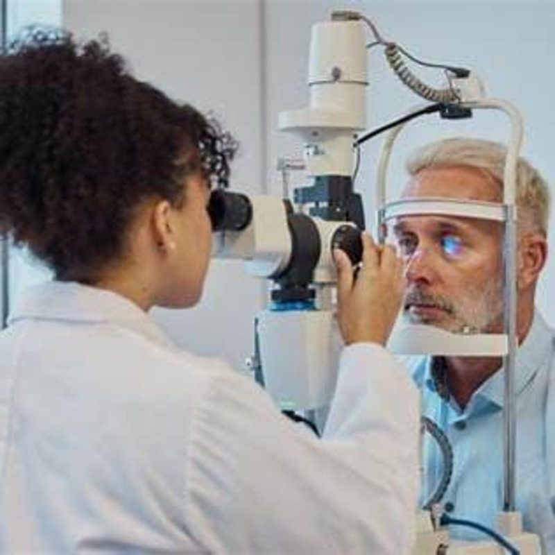 Eye exam with slit lamp Optometrist performing a slit lamp eye exam on an older male patient to check for vision issues and eye health conditions