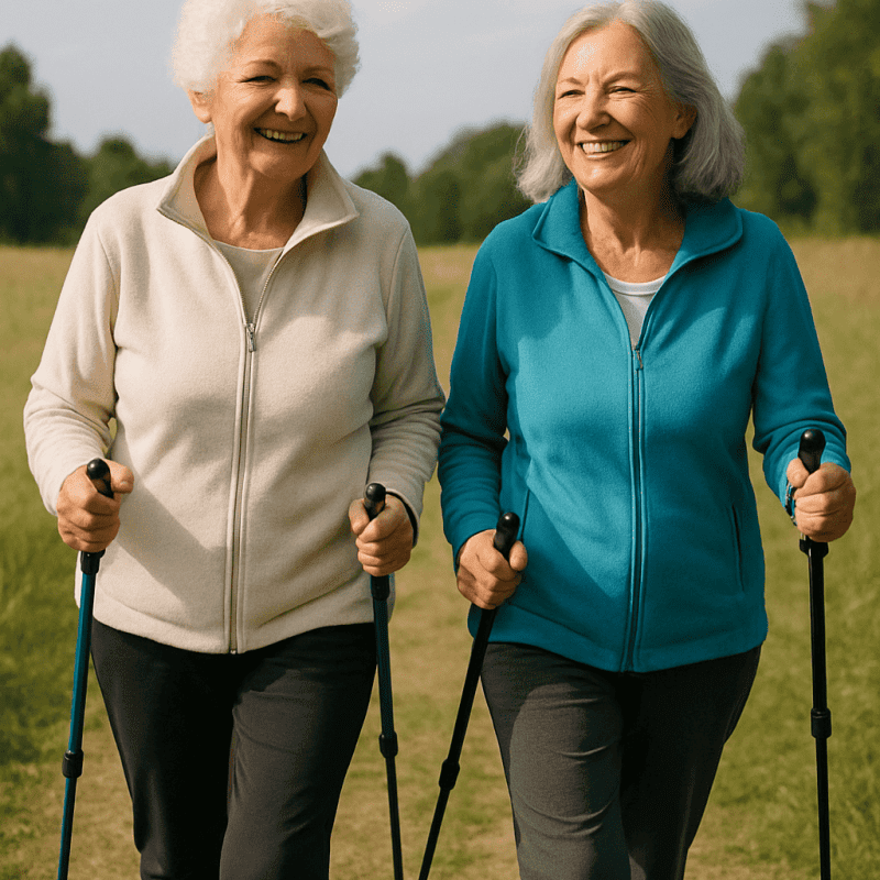Two Older Women Walking Outdoors Two smiling older women using walking poles enjoy a brisk walk along a grassy path on a sunny day, dressed in casual activewear and surrounded by trees and open sky—an example of staying active by moving naturally.