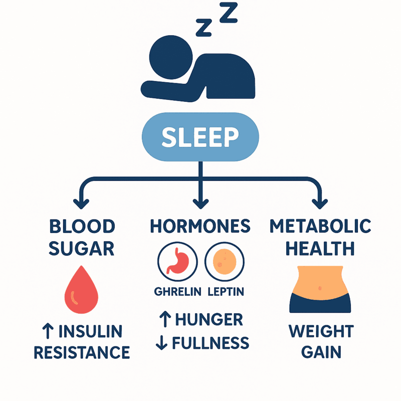Sleep and Metabolism Diagram Infographic illustrating the impact of sleep on metabolism, showing that poor sleep increases insulin resistance, raises hunger hormone ghrelin, lowers fullness hormone leptin, and contributes to weight gain.